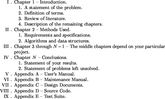 \begin{outline}\item Chapter 1 -- Introduction.
\begin{outline}
\item A statem...
....
\item Appendix D -- Source Code.
\item Appendix E -- Test Suite.
\end{outline}